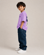 Boys oversized graphic t-shirt in lavender, Be Kind print, Bold Cub Korean streetwear - detail shot