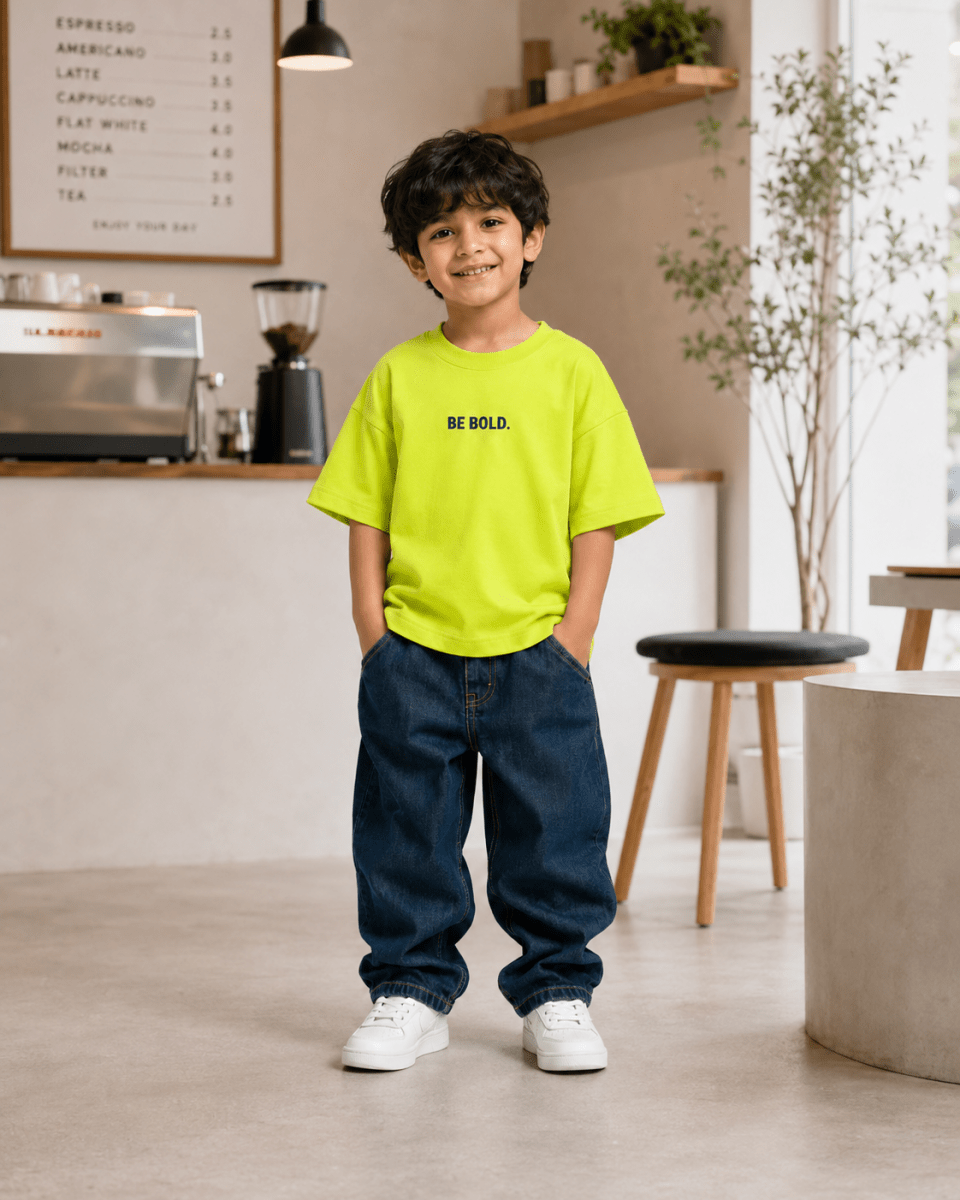 Boys oversized graphic t-shirt in neon lime, Be Kind print, Bold Cub Korean streetwear - lifestyle shot