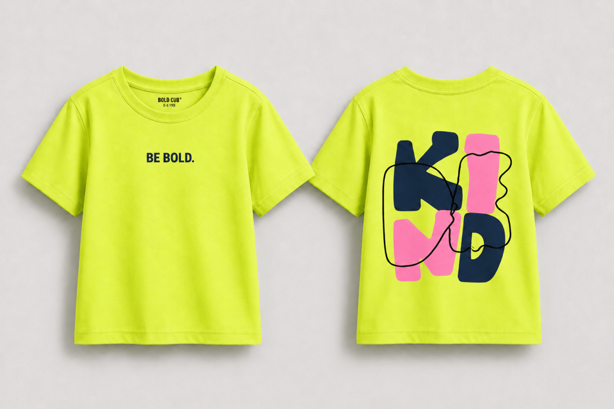 Boys oversized graphic t-shirt in neon lime, Be Kind print, Bold Cub Korean streetwear - flat lay