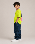 Boys oversized graphic t-shirt in neon lime, Be Kind print, Bold Cub Korean streetwear - detail shot