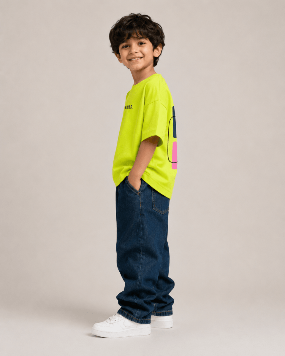 Boys oversized graphic t-shirt in neon lime, Be Kind print, Bold Cub Korean streetwear - detail shot