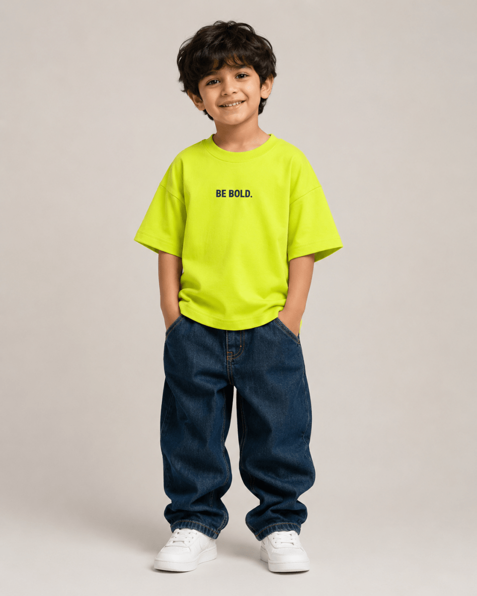 Boys oversized graphic t-shirt in neon lime, Be Kind print, Bold Cub Korean streetwear - front