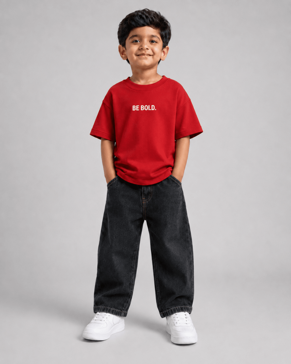 Boys oversized graphic t-shirt in red, Be Kind print, Bold Cub Korean streetwear - front