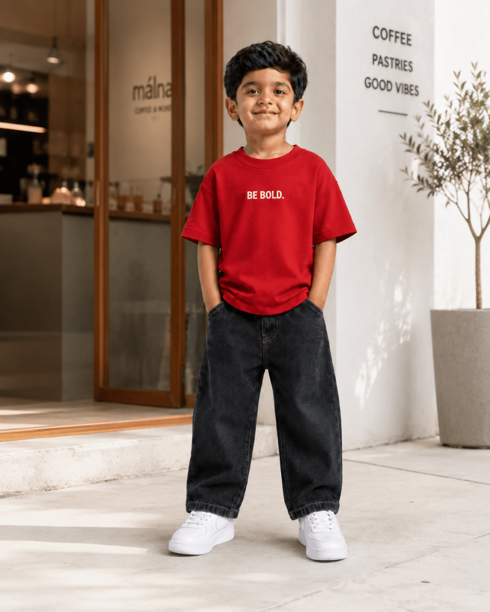 Boys oversized graphic t-shirt in red, Be Kind print, Bold Cub Korean streetwear - lifestyle shot