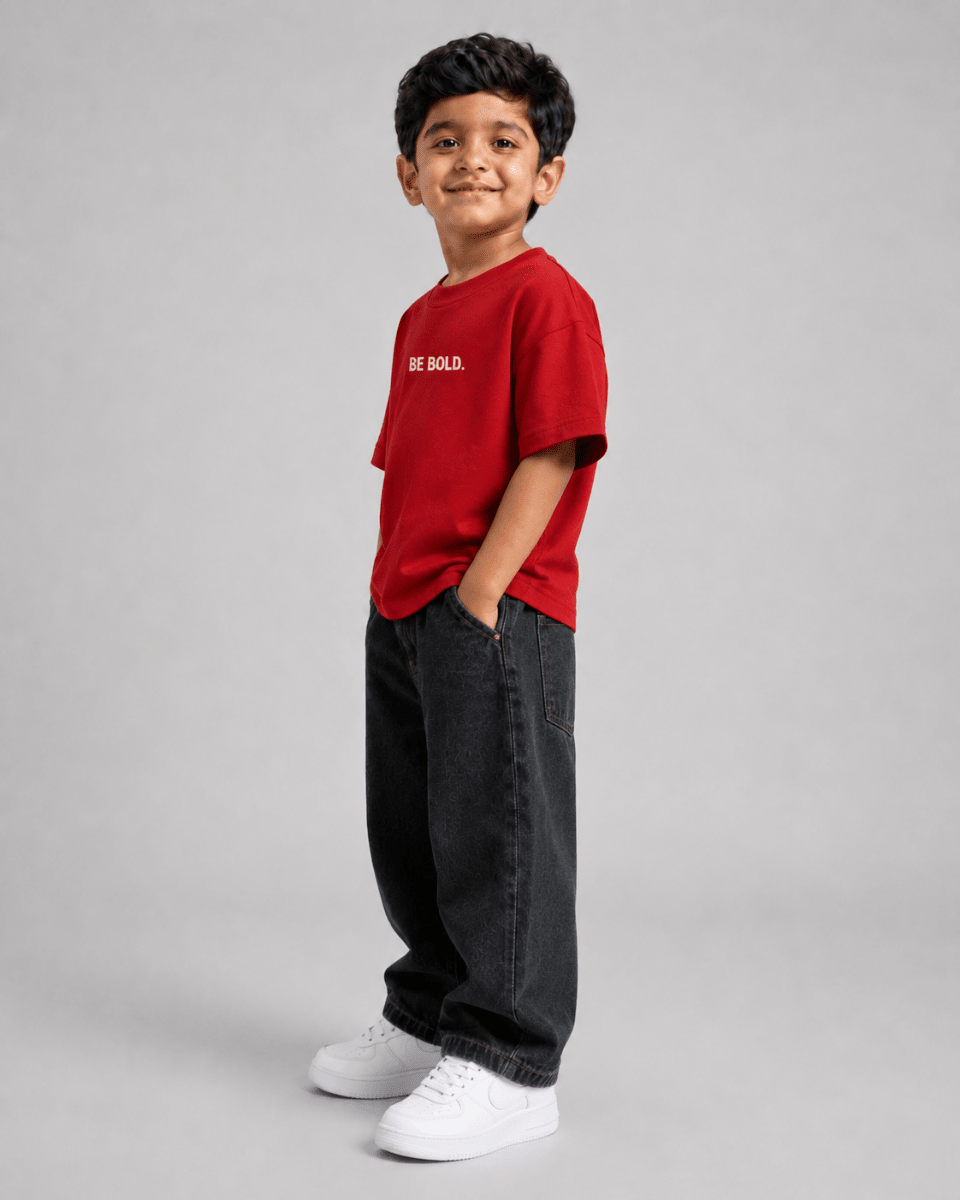 Boys oversized graphic t-shirt in red, Be Kind print, Bold Cub Korean streetwear - detail shot