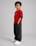 Boys oversized graphic t-shirt in red, Be Kind print, Bold Cub Korean streetwear - detail shot