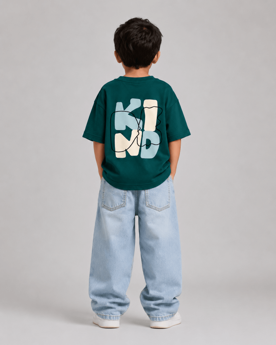 Boys oversized graphic t-shirt in emerald green, Be Kind print, Bold Cub Korean streetwear - back