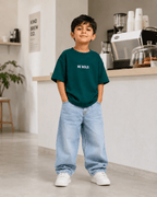 Boys oversized graphic t-shirt in emerald green, Be Kind print, Bold Cub Korean streetwear - detail shot