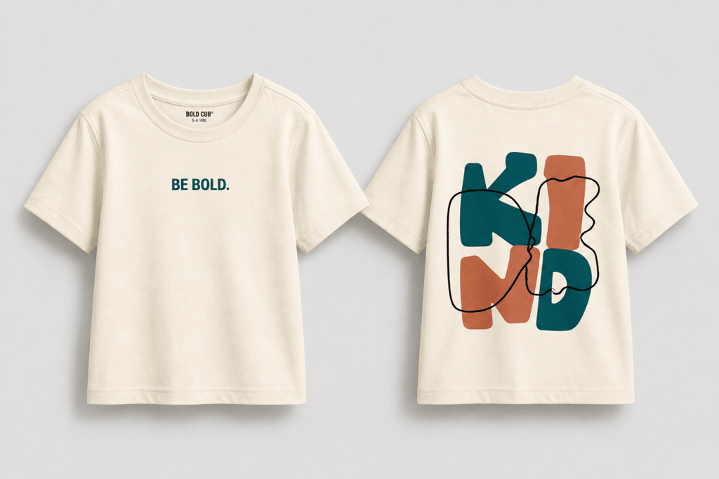 Boys oversized graphic t-shirt in off-white, Be Kind print, Bold Cub Korean streetwear - flat lay