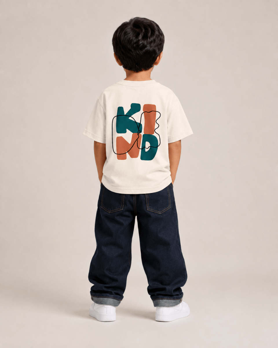 Boys oversized graphic t-shirt in off-white, Be Kind print, Bold Cub Korean streetwear - back