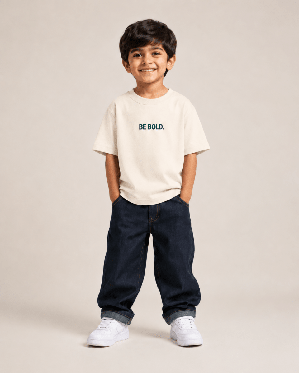 Boys oversized graphic t-shirt in off-white, Be Kind print, Bold Cub Korean streetwear - front