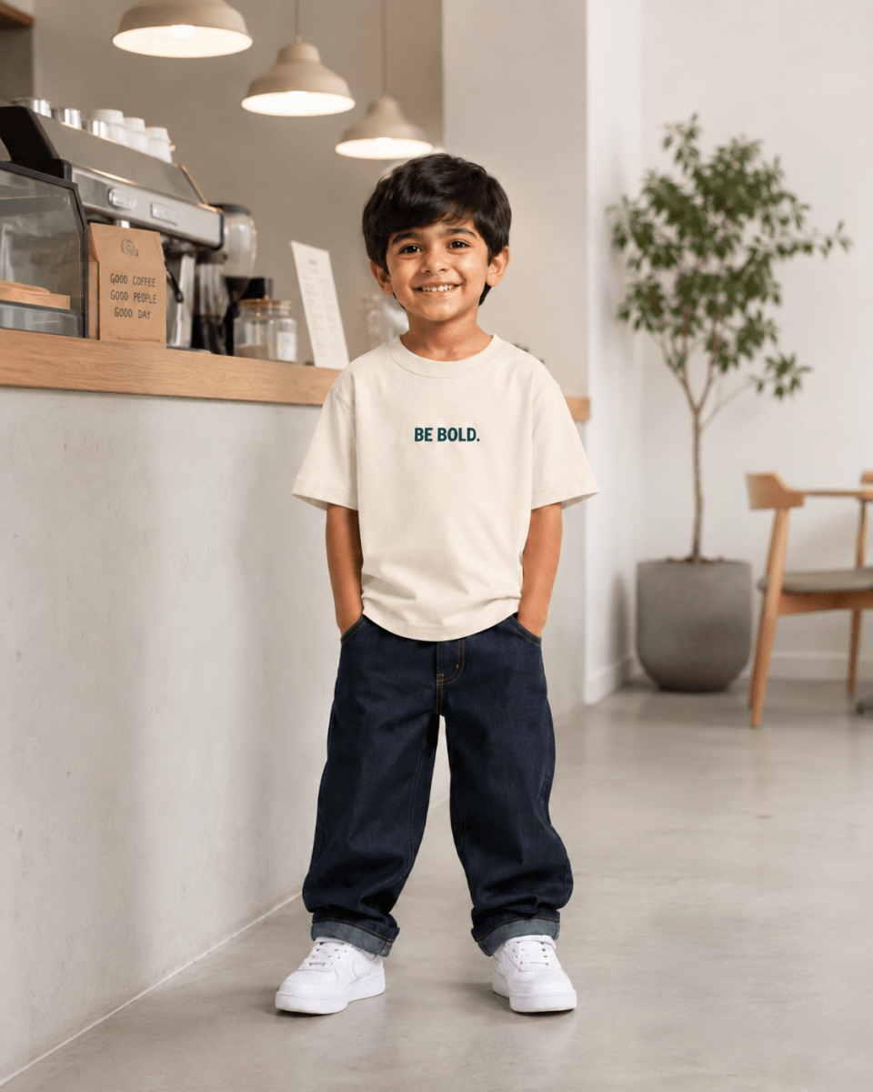 Boys oversized graphic t-shirt in off-white, Be Kind print, Bold Cub Korean streetwear - lifestyle shot