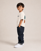 Boys oversized graphic t-shirt in off-white, Be Kind print, Bold Cub Korean streetwear - detail shot