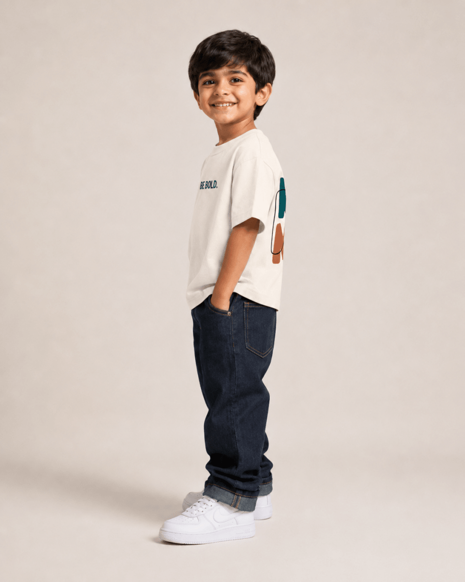 Boys oversized graphic t-shirt in off-white, Be Kind print, Bold Cub Korean streetwear - detail shot