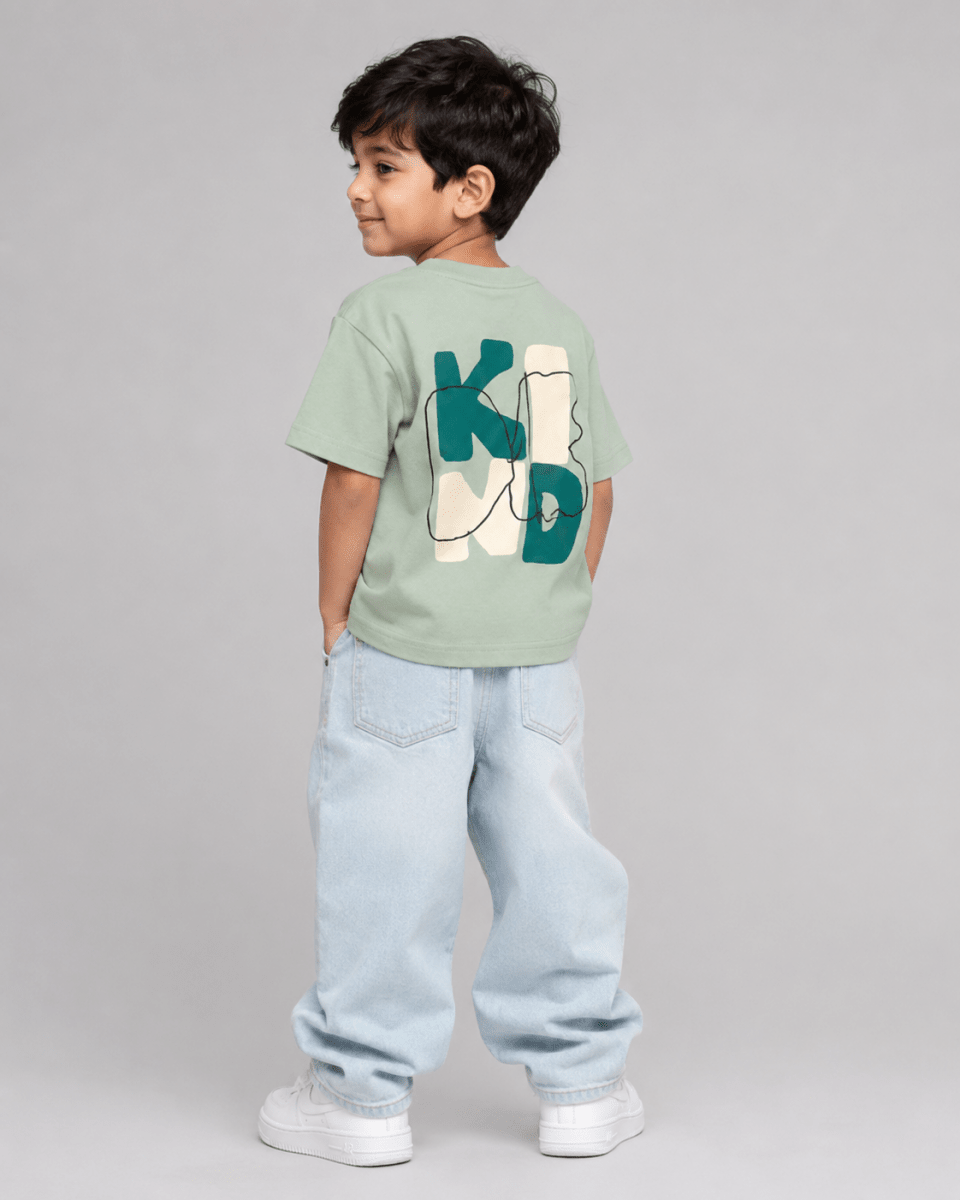 Boys oversized graphic t-shirt in sage green, Be Kind print, Bold Cub Korean streetwear - back
