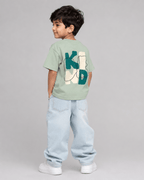 Boys oversized graphic t-shirt in sage green, Be Kind print, Bold Cub Korean streetwear - back