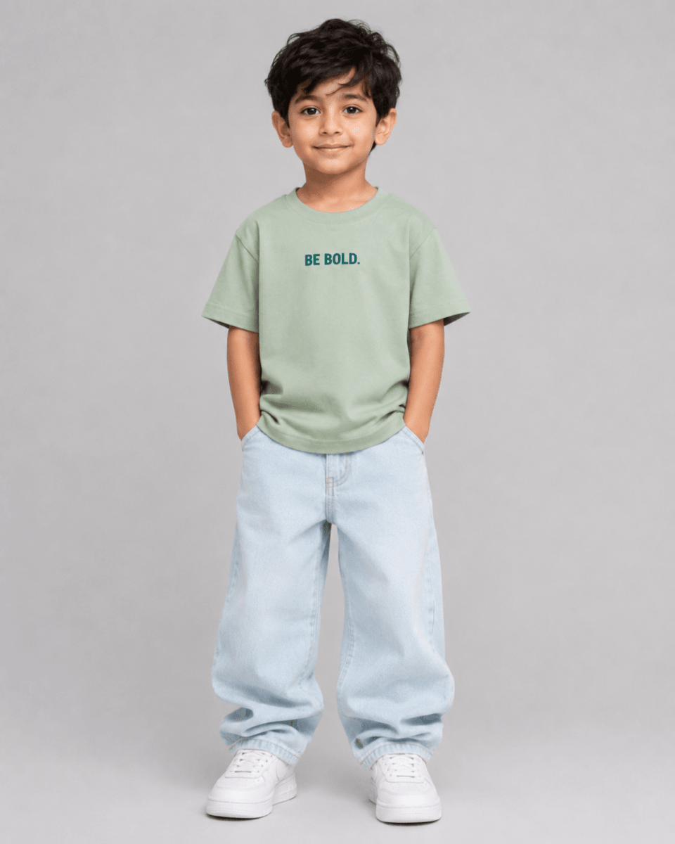Boys oversized graphic t-shirt in sage green, Be Kind print, Bold Cub Korean streetwear - front
