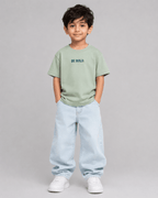 Boys oversized graphic t-shirt in sage green, Be Kind print, Bold Cub Korean streetwear - front