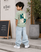 Boys oversized graphic t-shirt in sage green, Be Kind print, Bold Cub Korean streetwear - lifestyle shot