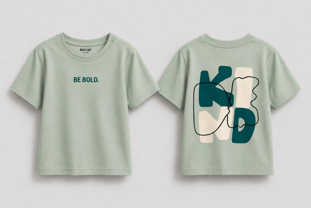 Boys oversized graphic t-shirt in sage green, Be Kind print, Bold Cub Korean streetwear - flat lay
