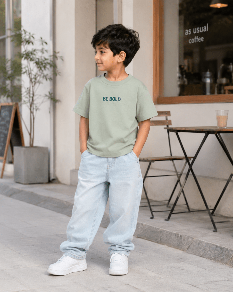 Boys oversized graphic t-shirt in sage green, Be Kind print, Bold Cub Korean streetwear - detail shot