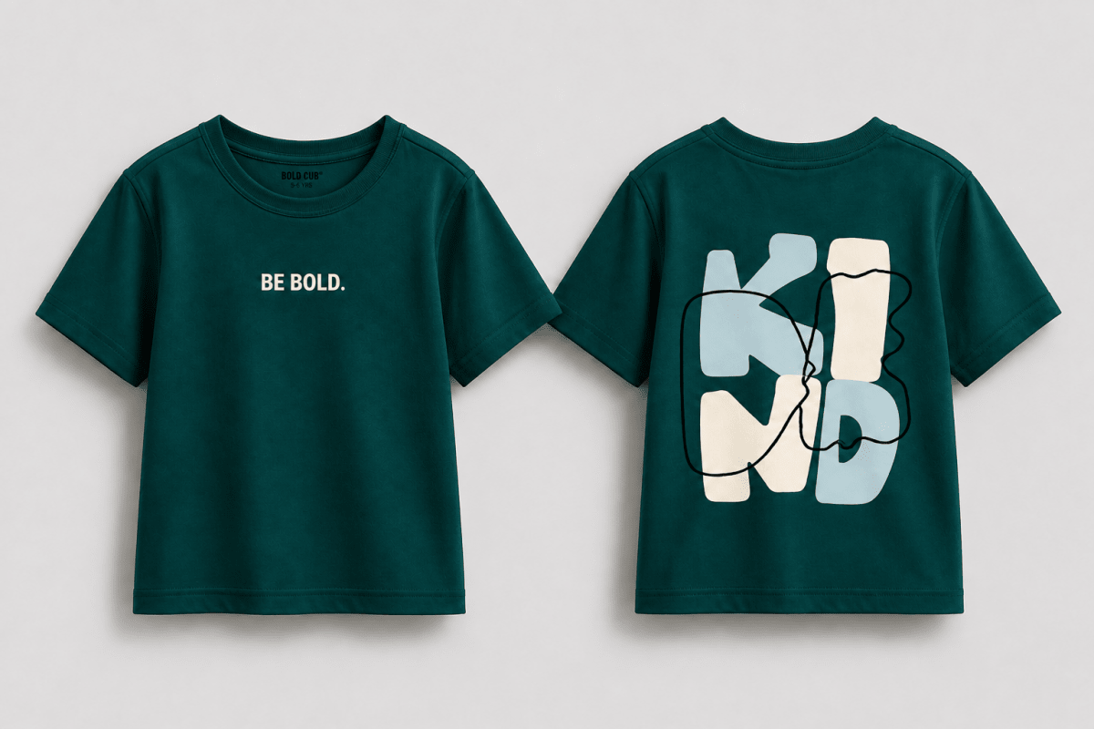 Boys oversized graphic t-shirt in emerald green, Be Kind print, Bold Cub Korean streetwear - lifestyle shot
