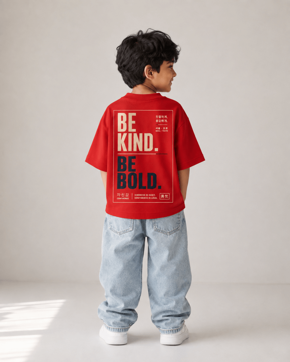 Boys oversized graphic t-shirt in red, Be Bold print, Bold Cub Korean streetwear - back