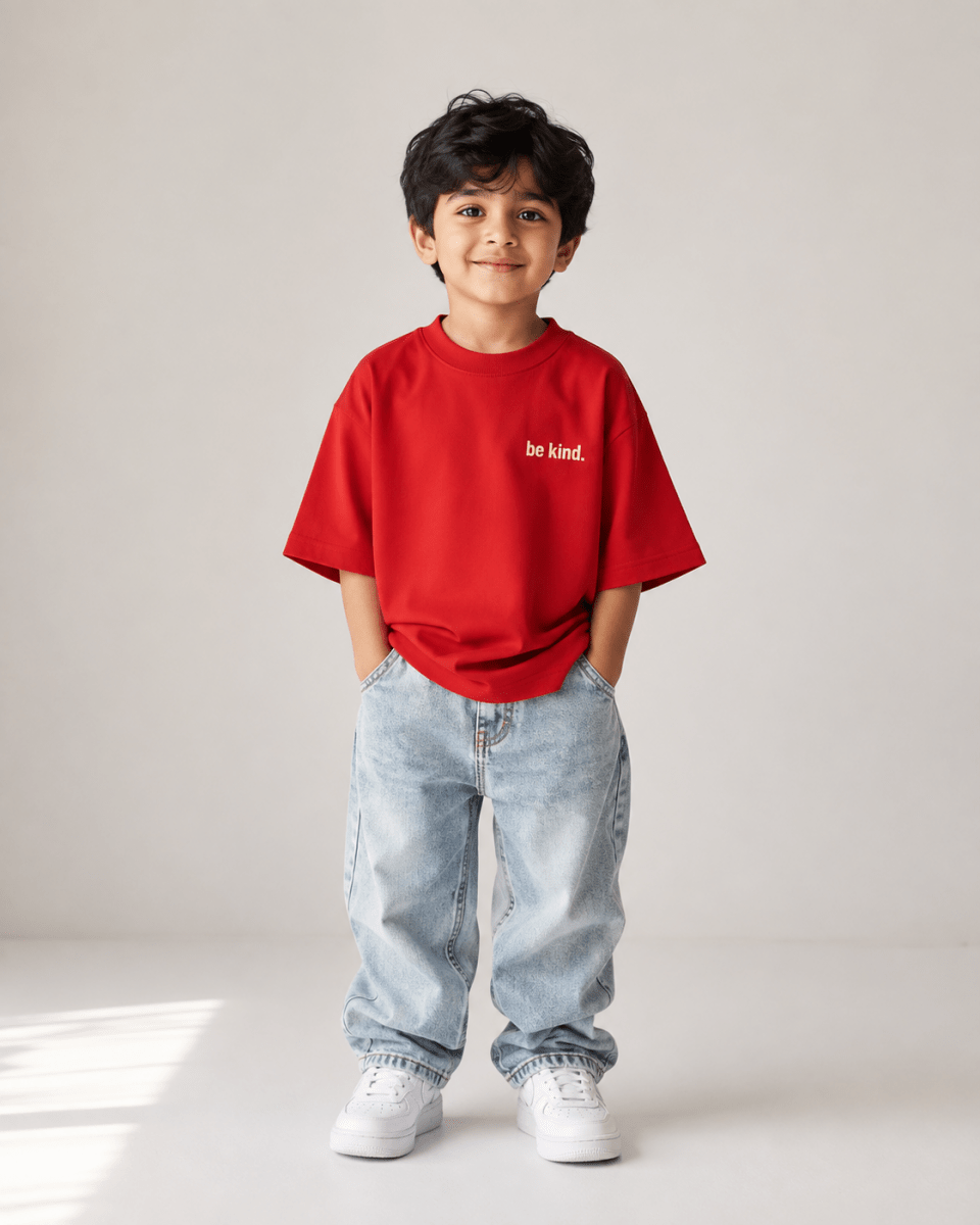 Boys oversized graphic t-shirt in red, Be Bold print, Bold Cub Korean streetwear - front