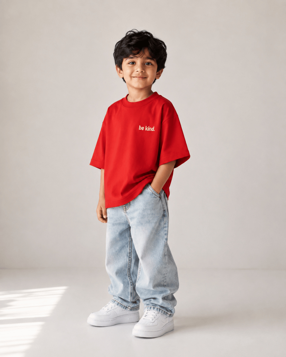 Boys oversized graphic t-shirt in red, Be Bold print, Bold Cub Korean streetwear - detail shot