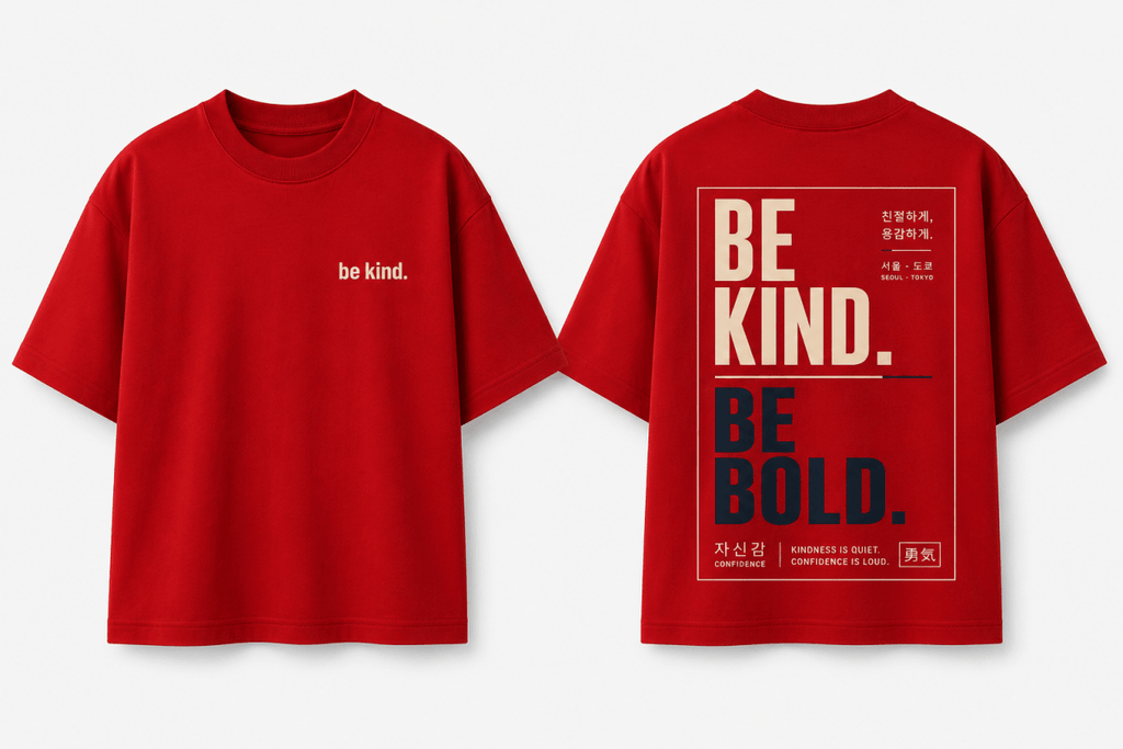 Boys oversized graphic t-shirt in red, Be Bold print, Bold Cub Korean streetwear - flat lay