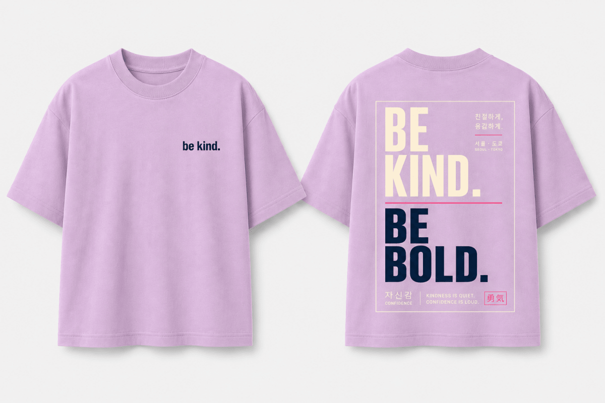 Boys oversized graphic t-shirt in lavender, Be Bold print, Bold Cub Korean streetwear - flat lay