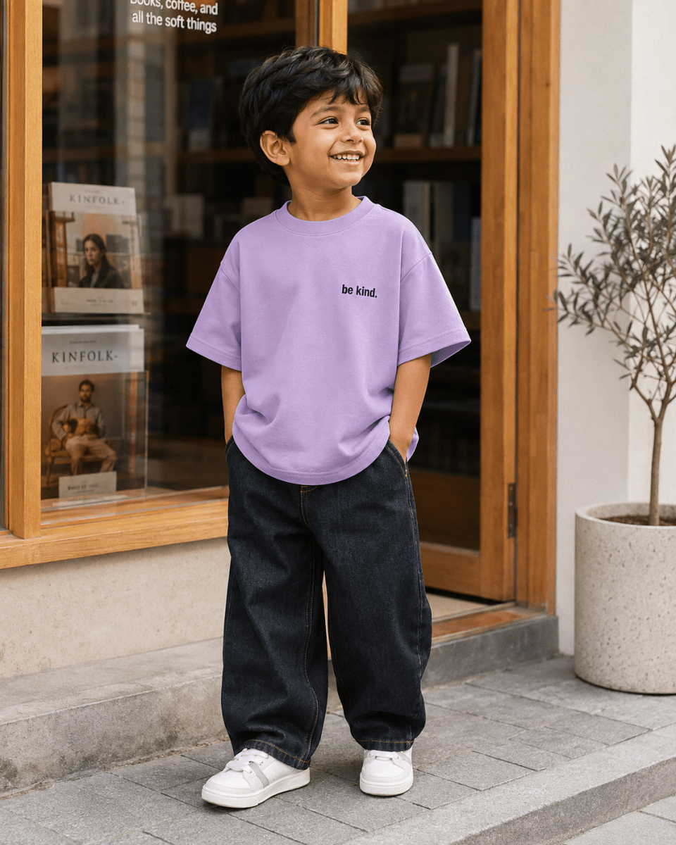 Boys oversized graphic t-shirt in lavender, Be Bold print, Bold Cub Korean streetwear - lifestyle shot