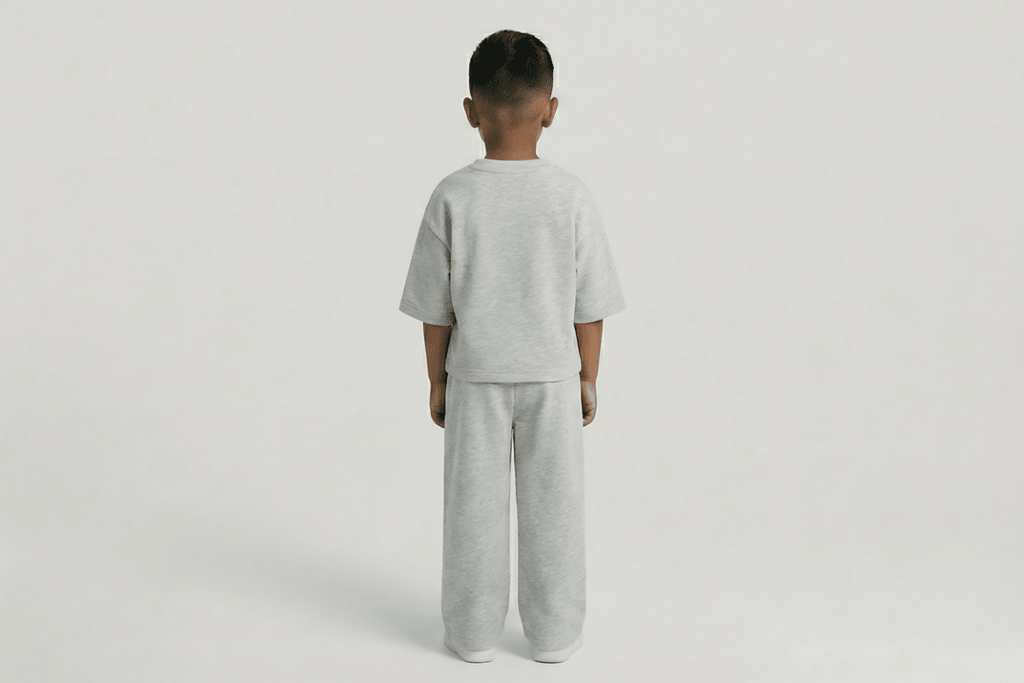 boy AGE 5 years  wearing a gray outfit on a white background