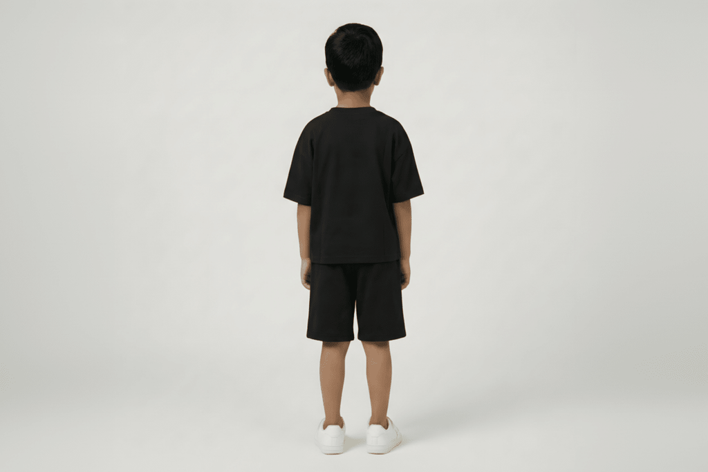 Child wearing a black t-shirt and shorts set on a white background