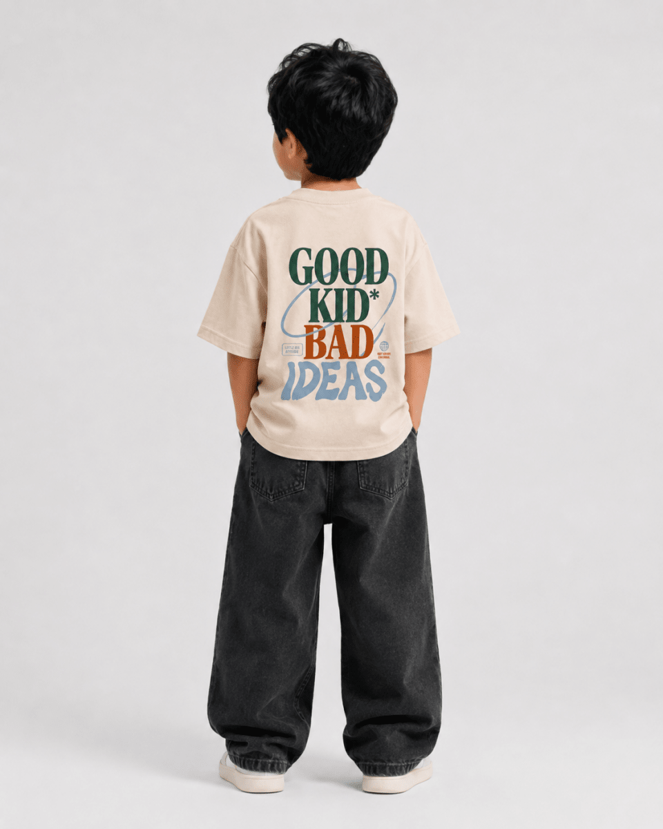 Boys oversized graphic t-shirt in off-white, Good Kid Bad Ideas print, Bold Cub Korean streetwear - back