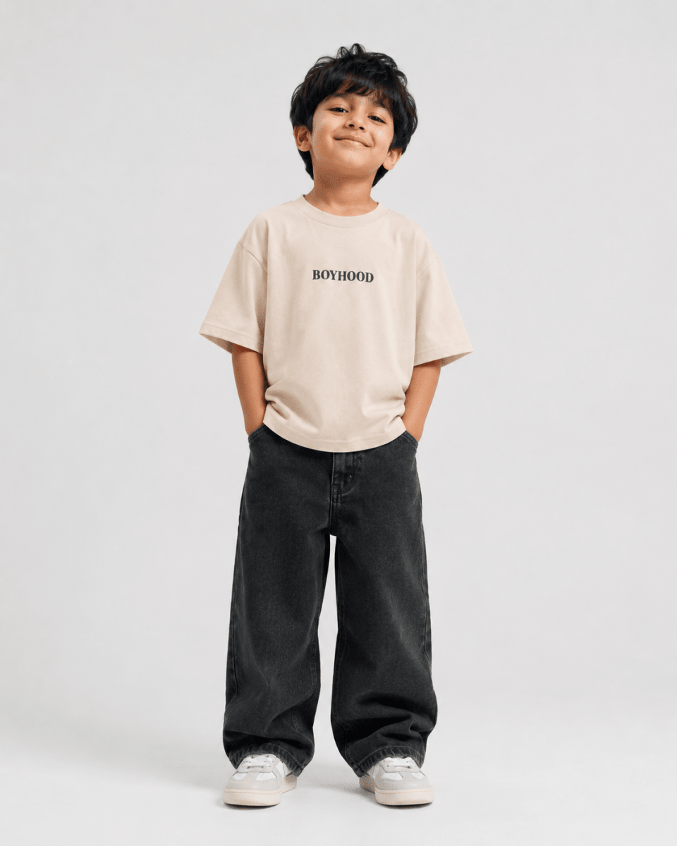 Boys oversized graphic t-shirt in off-white, Good Kid Bad Ideas print, Bold Cub Korean streetwear - front