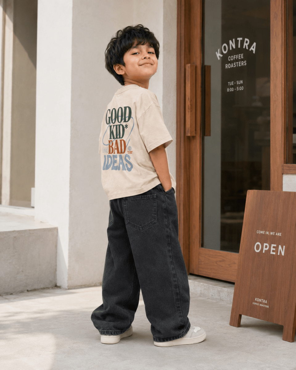 Boys oversized graphic t-shirt in off-white, Good Kid Bad Ideas print, Bold Cub Korean streetwear - lifestyle shot