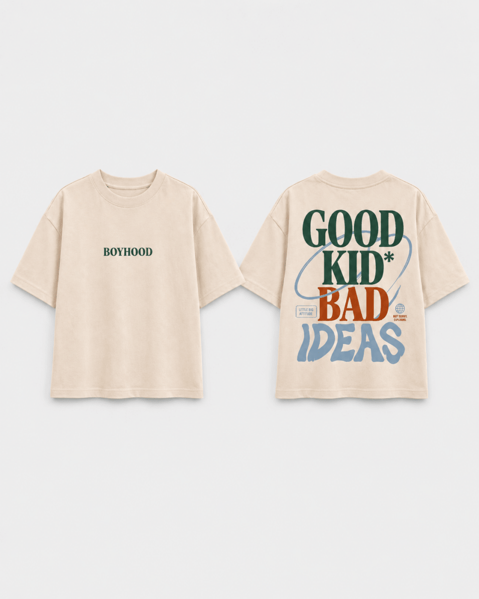 Boys oversized graphic t-shirt in off-white, Good Kid Bad Ideas print, Bold Cub Korean streetwear - flat lay