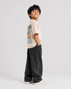 Boys oversized graphic t-shirt in off-white, Good Kid Bad Ideas print, Bold Cub Korean streetwear - detail shot