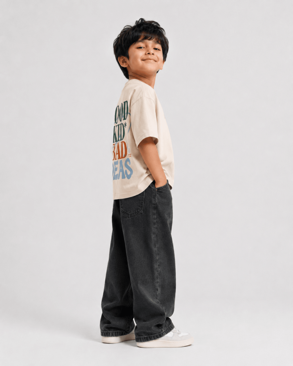 Boys oversized graphic t-shirt in off-white, Good Kid Bad Ideas print, Bold Cub Korean streetwear - detail shot