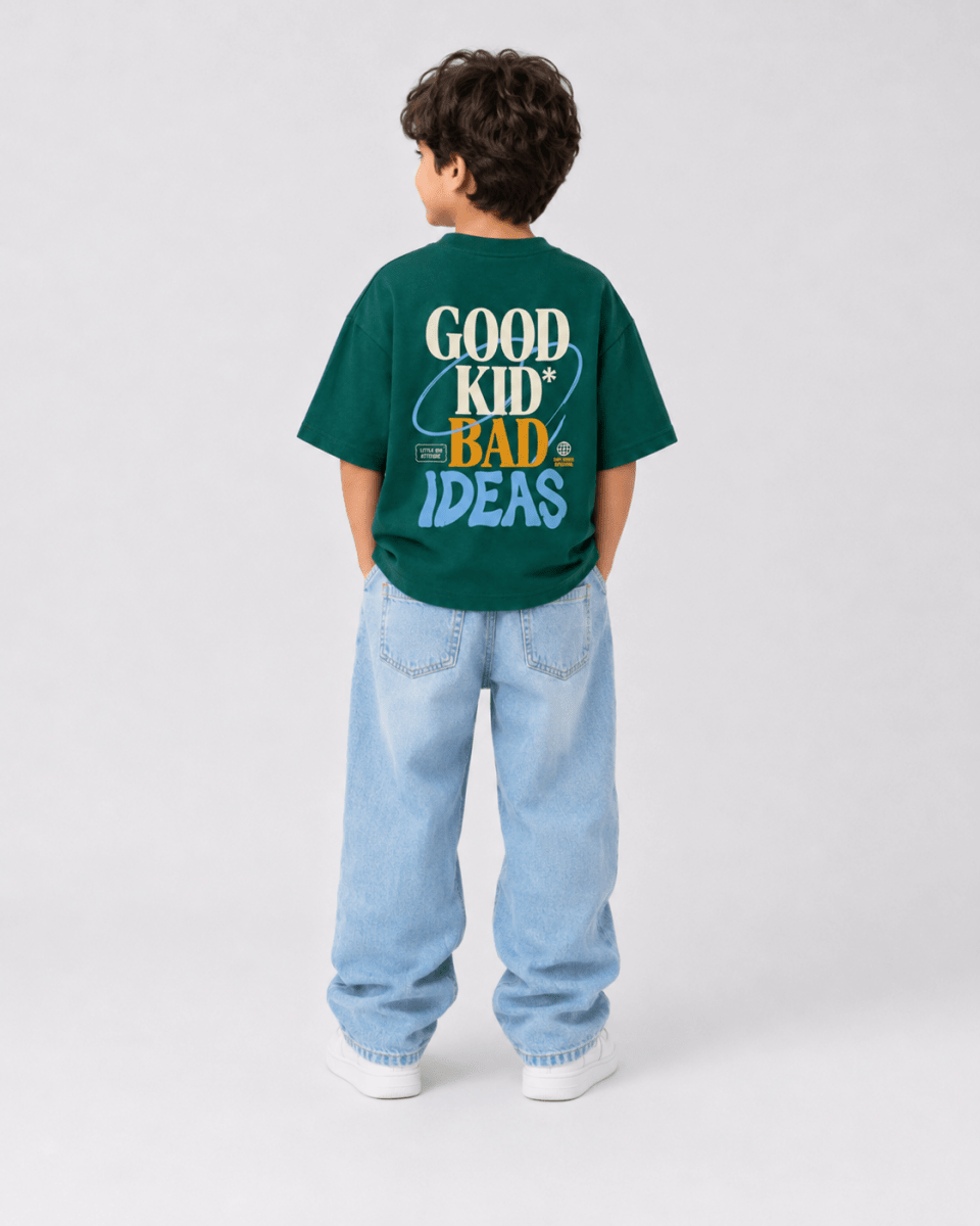 Boys oversized graphic t-shirt in emerald green, Good Kid Bad Ideas print, Bold Cub Korean streetwear - back