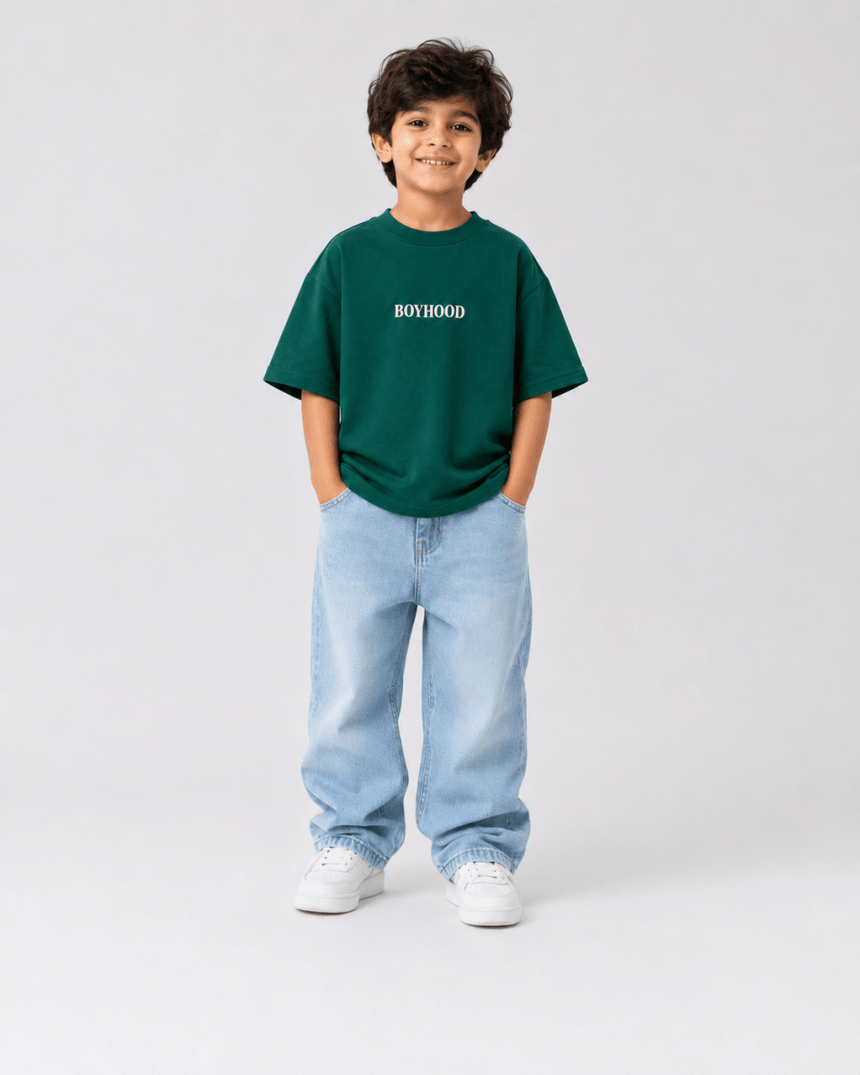Boys oversized graphic t-shirt in emerald green, Good Kid Bad Ideas print, Bold Cub Korean streetwear - front