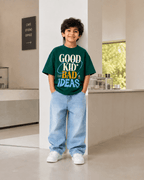 Boys oversized graphic t-shirt in emerald green, Good Kid Bad Ideas print, Bold Cub Korean streetwear - lifestyle shot