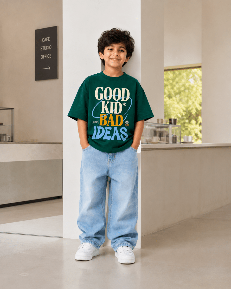 Boys oversized graphic t-shirt in emerald green, Good Kid Bad Ideas print, Bold Cub Korean streetwear - lifestyle shot