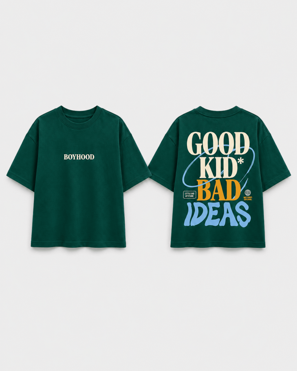 Boys oversized graphic t-shirt in emerald green, Good Kid Bad Ideas print, Bold Cub Korean streetwear - flat lay