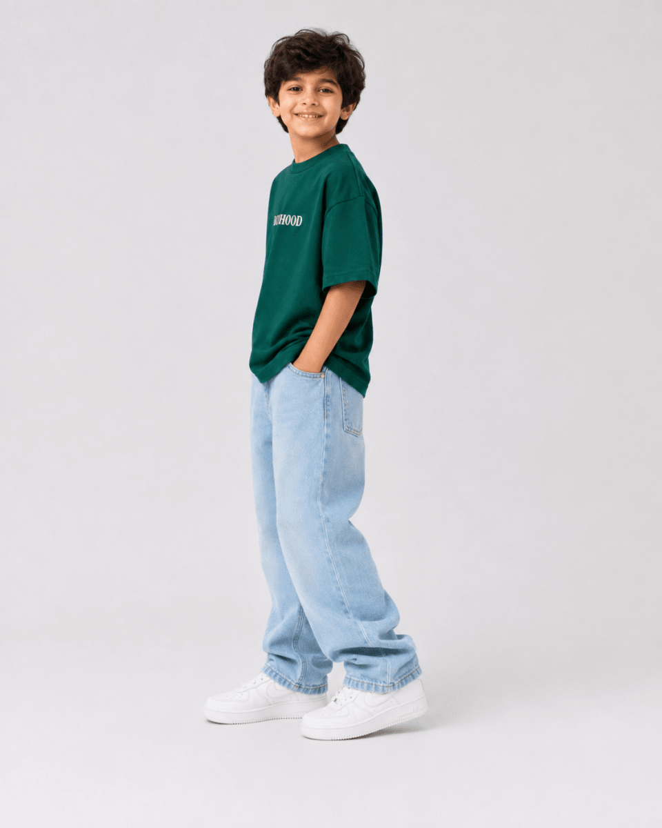 Boys oversized graphic t-shirt in emerald green, Good Kid Bad Ideas print, Bold Cub Korean streetwear - detail shot