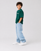 Boys oversized graphic t-shirt in emerald green, Good Kid Bad Ideas print, Bold Cub Korean streetwear - detail shot