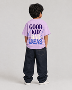 Boys oversized graphic t-shirt in lavender, Good Kid Bad Ideas print, Bold Cub Korean streetwear - back