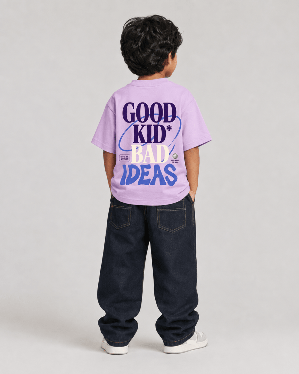 Boys oversized graphic t-shirt in lavender, Good Kid Bad Ideas print, Bold Cub Korean streetwear - back