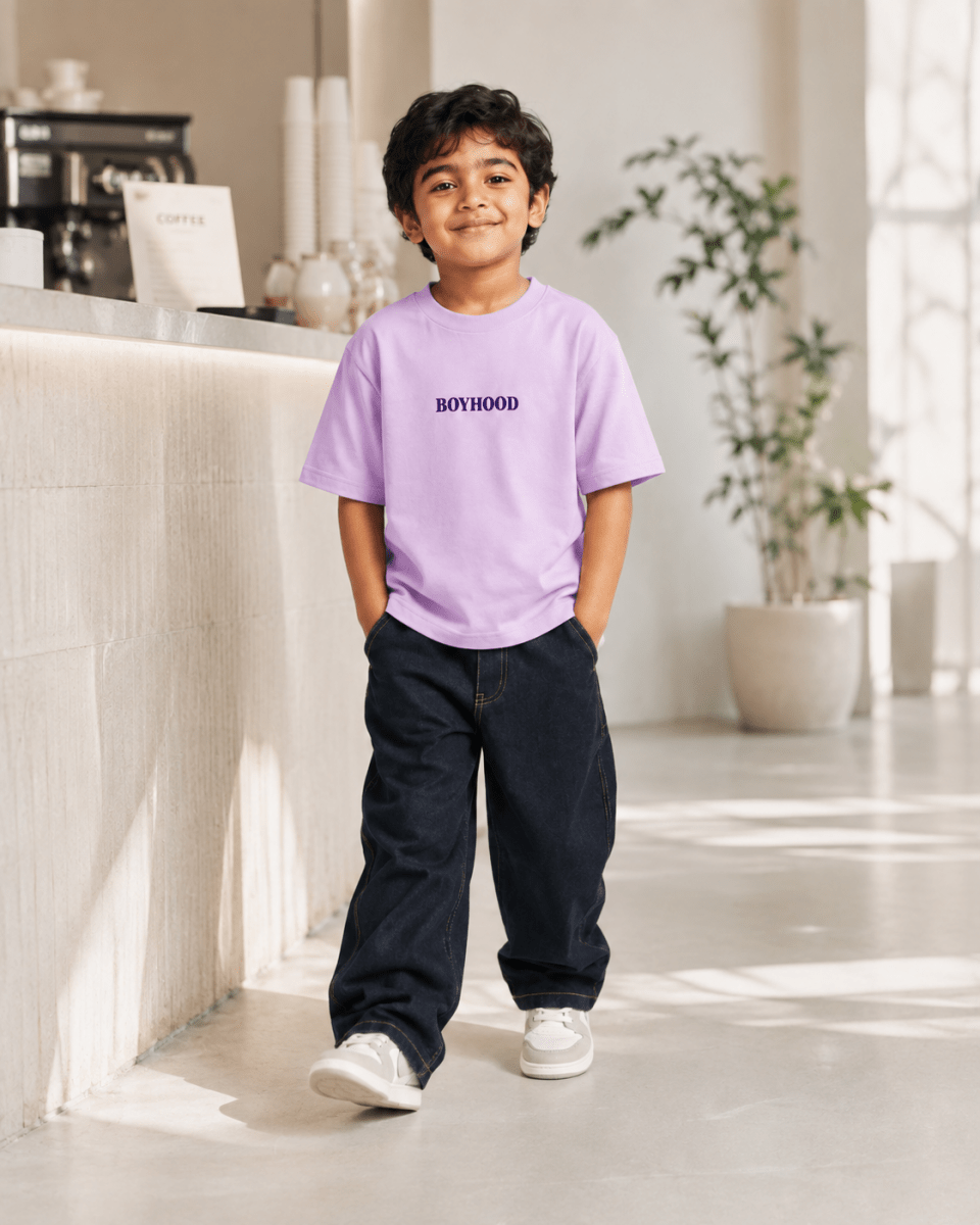 Boys oversized graphic t-shirt in lavender, Good Kid Bad Ideas print, Bold Cub Korean streetwear - lifestyle shot